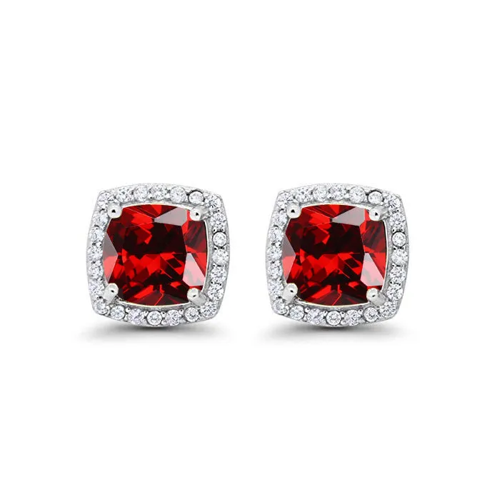 18k White Gold Plated 1 Ct Created Halo Princess Cut Garnet Stud Earrings