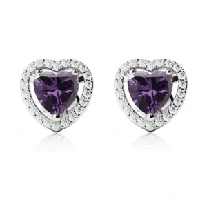 18k White Gold Plated 1/2 Ct Created Halo Heart Amethyst Stud Earrings