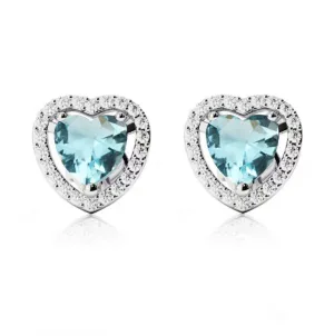 18k White Gold Plated 1/2 Ct Created Halo Heart Aquamarine Stud Earrings