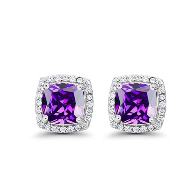 18k White Gold Plated 1/2 Ct Created Halo Princess Cut Amethyst Stud Earrings