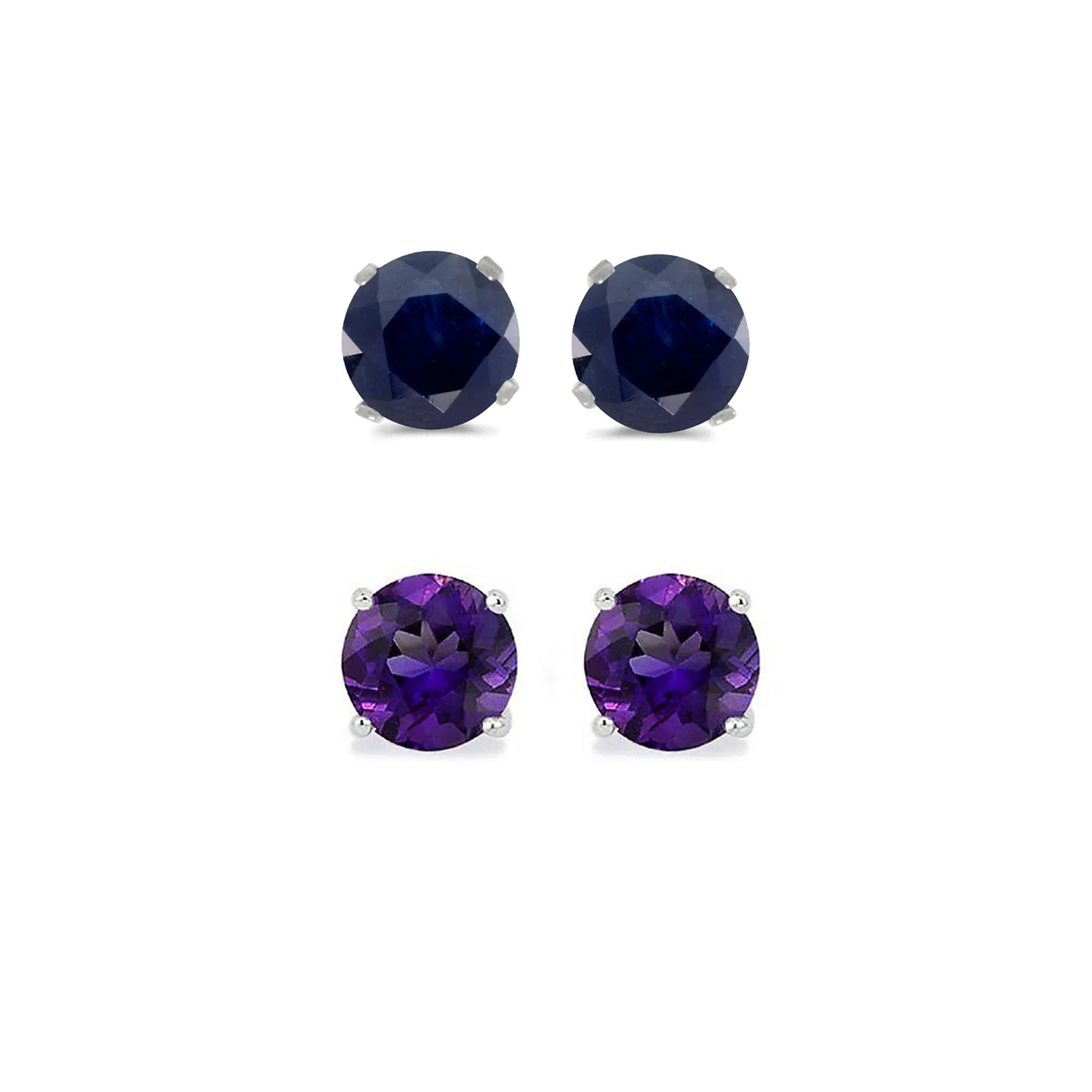 18k White Gold Plated 1Ct Created Black Sapphire and Amethyst 2 Pair Round Stud Earrings