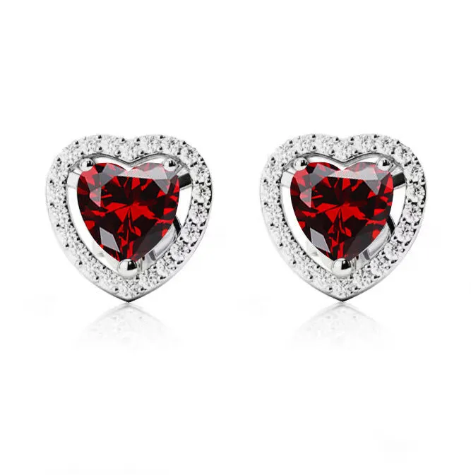 18k White Gold Plated 3 Ct Created Halo Heart Garnet Stud Earrings