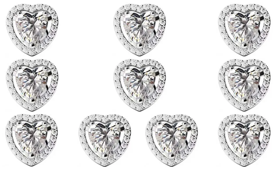 18k White Gold Plated 3Ct Heart White Sapphire Set of Five Halo Stud Earrings