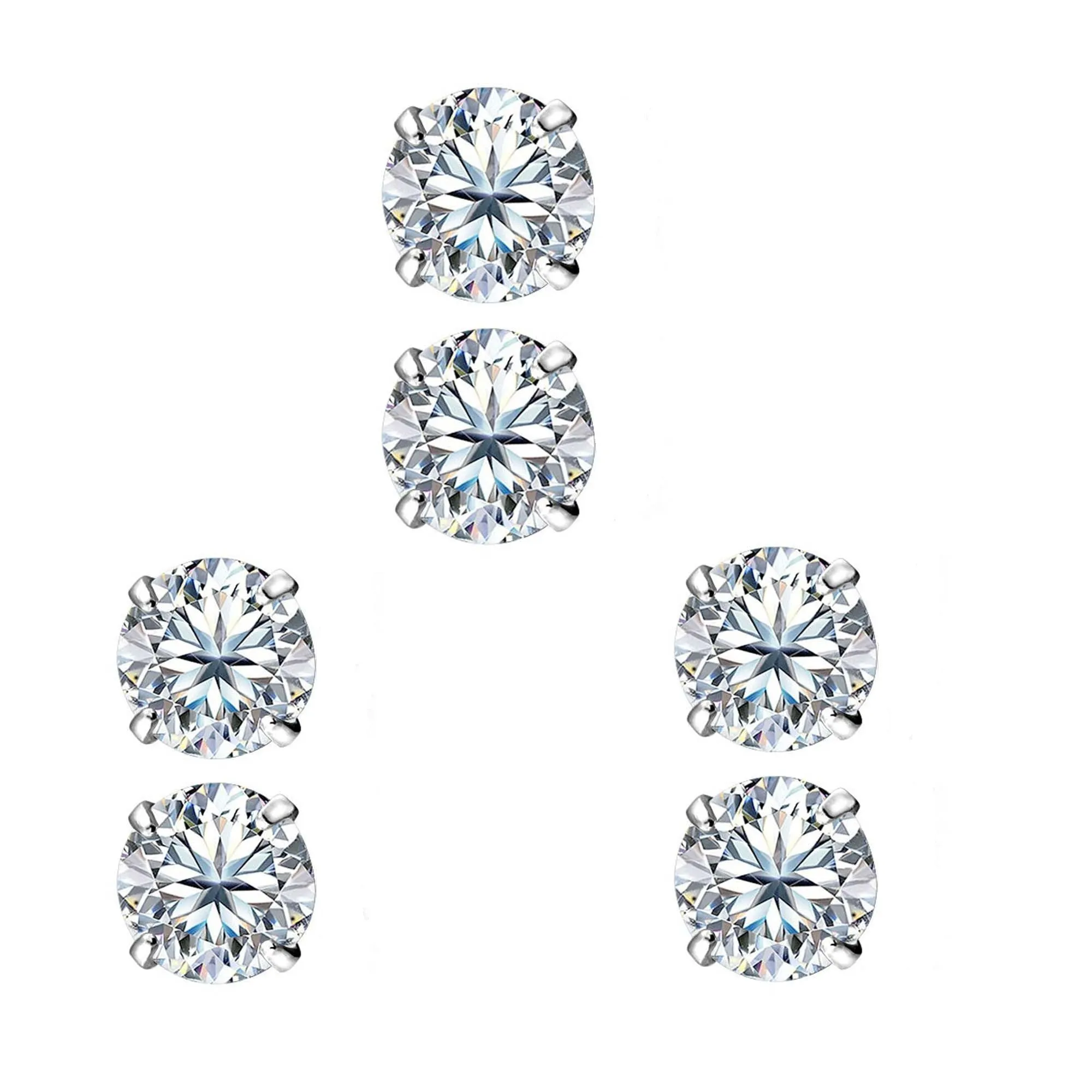 18k White Gold Plated 3Ct Round White Sapphire Set Of Three Stud Earrings