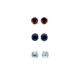 18k White Gold Plated 4Ct Created Garnet, Black Sapphire and Aquamarine 3 Pair Round Stud Earrings