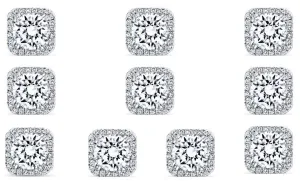 18k White Gold Plated 4mm 2Ct Square Cut White Sapphire Set of Five Halo Stud Earrings