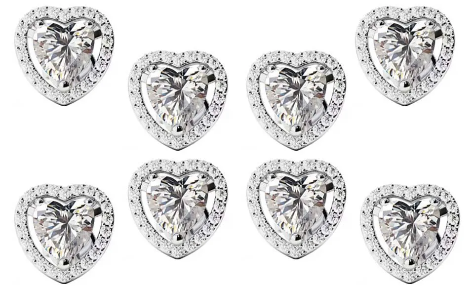 18k White Gold Plated 6mm 4Ct Heart White Sapphire Set of Four Halo Stud Earrings