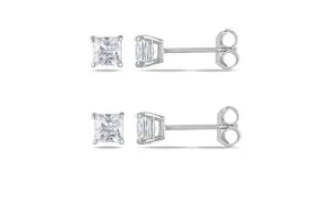 18k White Gold Plated Created White Sapphire 3Ct Square Cut Set of Two Stud Earrings