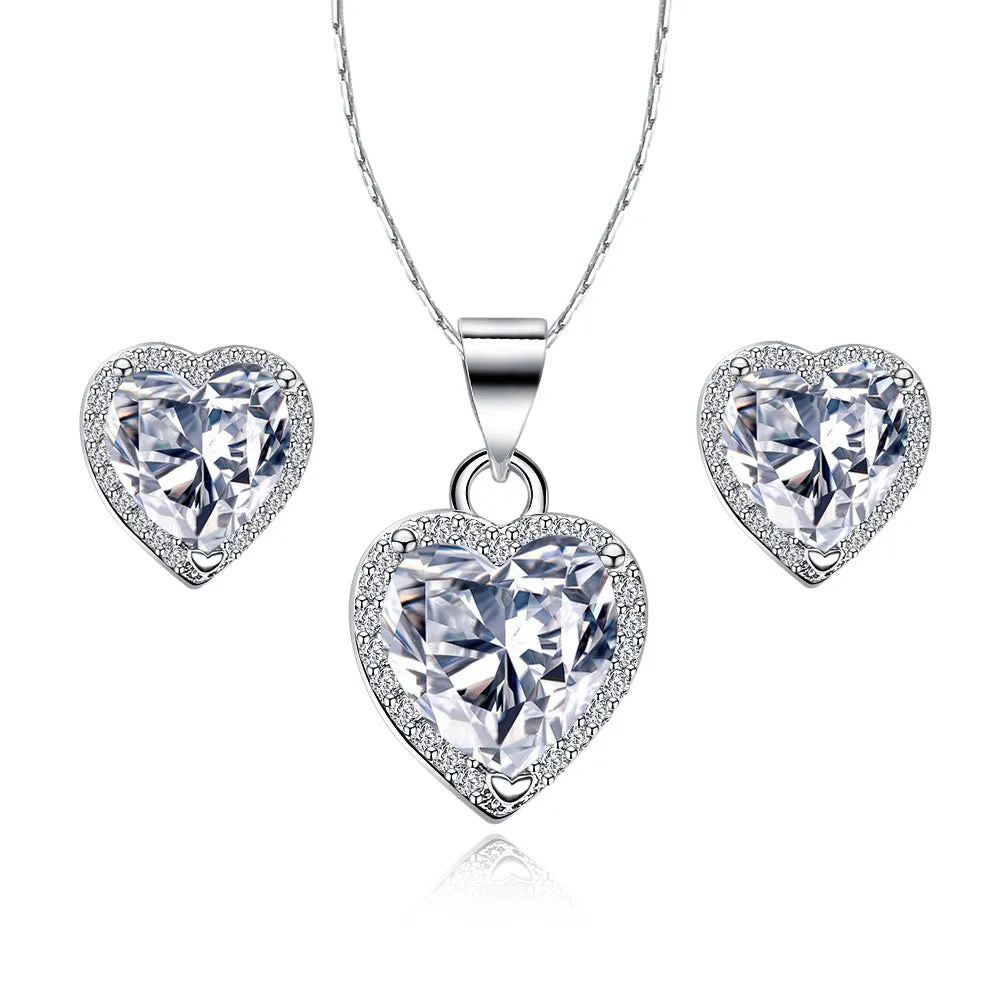 18k White Gold Plated Heart 1 Carat Created Cubic Zirconia Full Set Necklace 18 inch