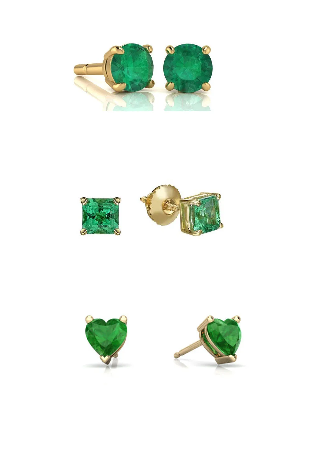 18k Yellow Gold Plated 1Cttw 7mm Created Emerald 3 Pair Round, Square and Heart Stud Earrings