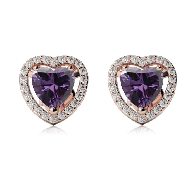 24k Rose Gold Plated 1/2 Ct Created Halo Heart Amethyst Stud Earrings