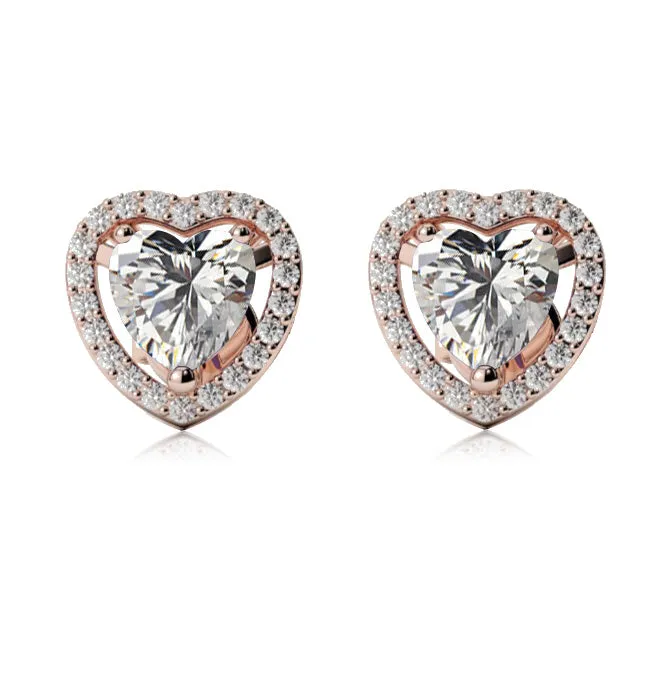 24k Rose Gold Plated 2 Ct Created Halo Heart White Sapphire Stud Earrings