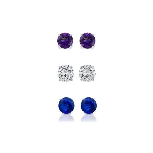 24k White Gold Plated 1Ct Created Amethyst, White Sapphire and Blue Sapphire 3 Pair Round Stud Earrings