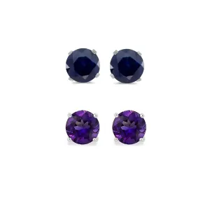 24k White Gold Plated 2Ct Created Black Sapphire and Amethyst 2 Pair Round Stud Earrings