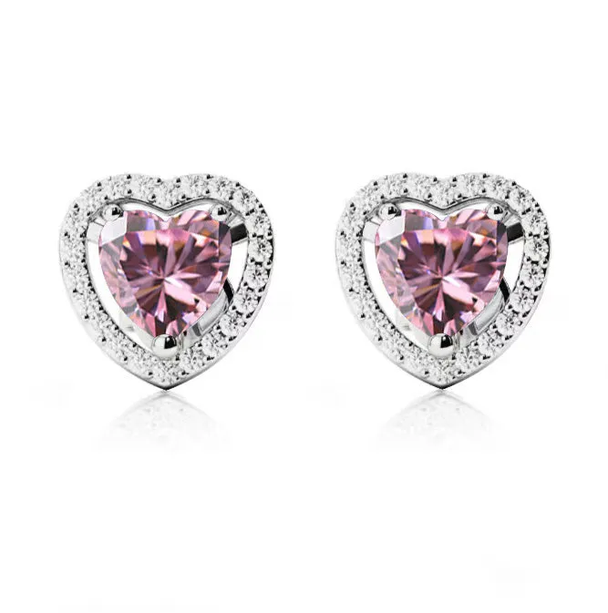 24k White  Gold Plated 4 Ct Created Halo Heart Pink Sapphire Stud Earrings