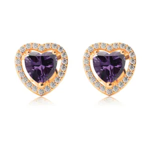 24k Yellow Gold Plated 1/2 Ct Created Halo Heart Amethyst Stud Earrings