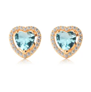 24k Yellow Gold Plated 3 Ct Created Halo Heart Aquamarine Stud Earrings