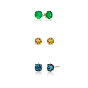 24k Yellow Gold Plated 4Ct Created Emerald, Citrine and Alexandrite 3 Pair Round Stud Earrings