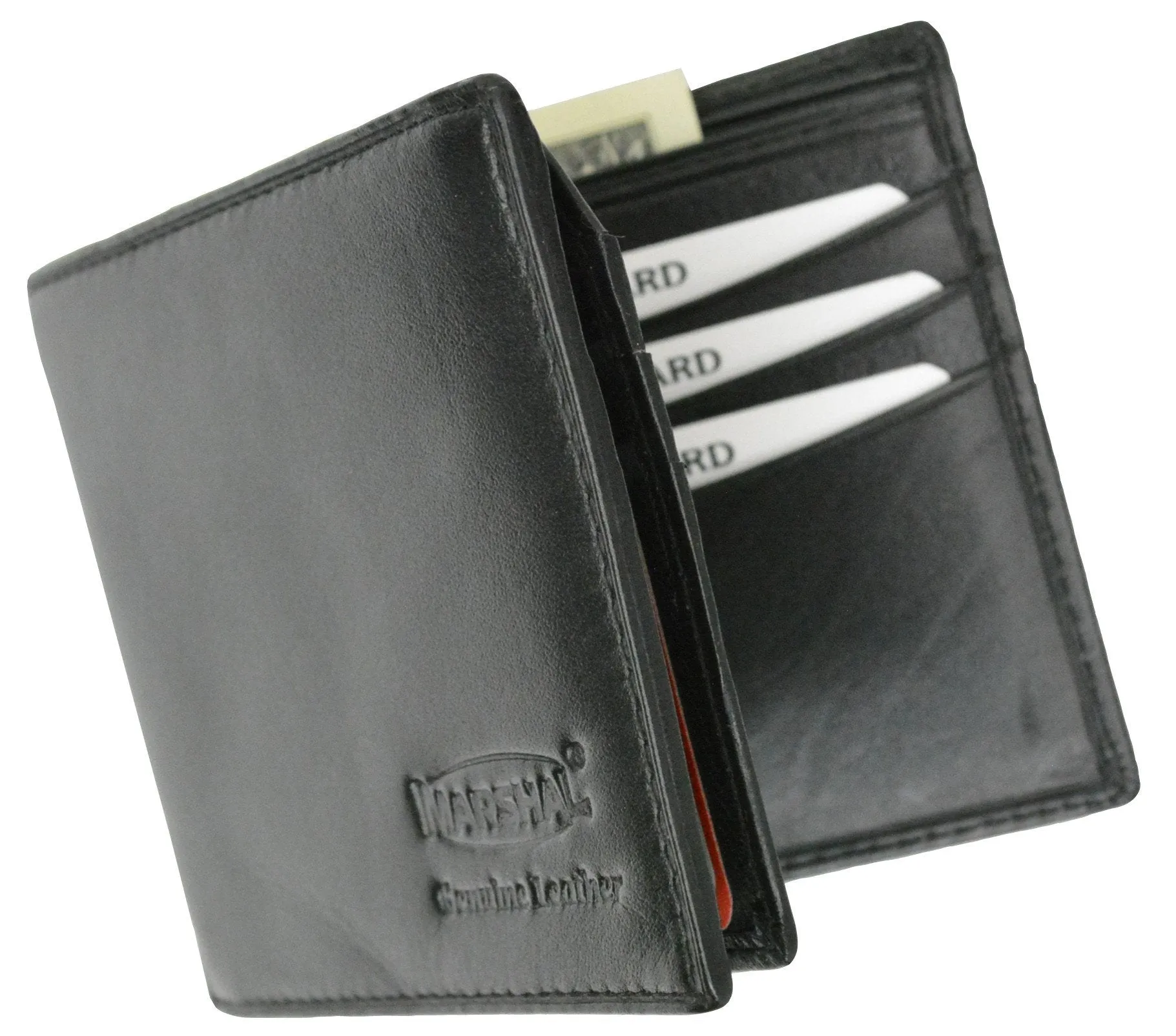 600053-BK-LOGO New Genuine Leather Mens Bifold Wallet with Fixed Flip up ID Window with Logo