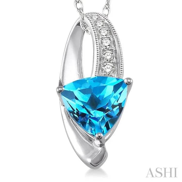 8x8mm Trillion Cut Blue Topaz and 1/20 Ctw Single Cut Diamond Pendant in 10K White Gold with Chain