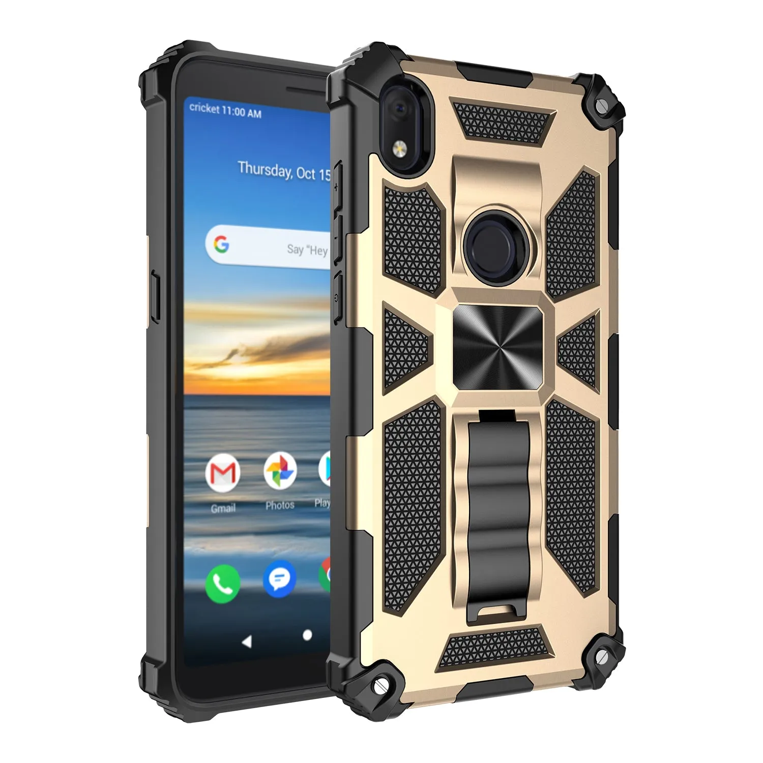 Alcatel Lumos Case/AT&T Alcatel Axel Case [Military Grade] Ring Car Mount Kickstand Hybrid Hard PC Soft TPU Shockproof Protective Case - Gold