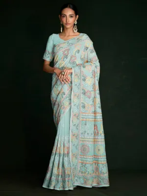 Beautiful Blue Georgette Embroidered Saree With Unstitched Blouse