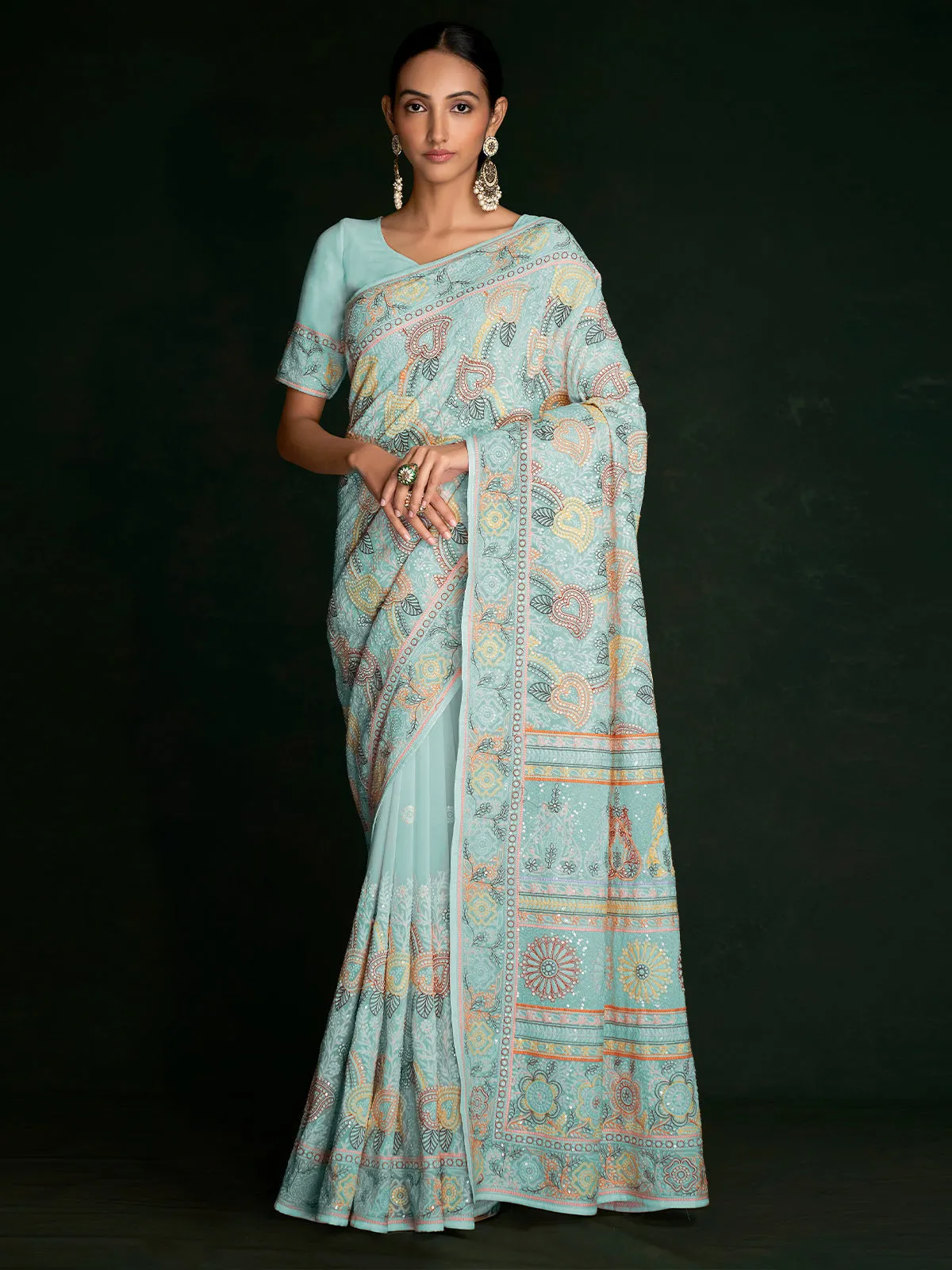 Beautiful Blue Georgette Embroidered Saree With Unstitched Blouse