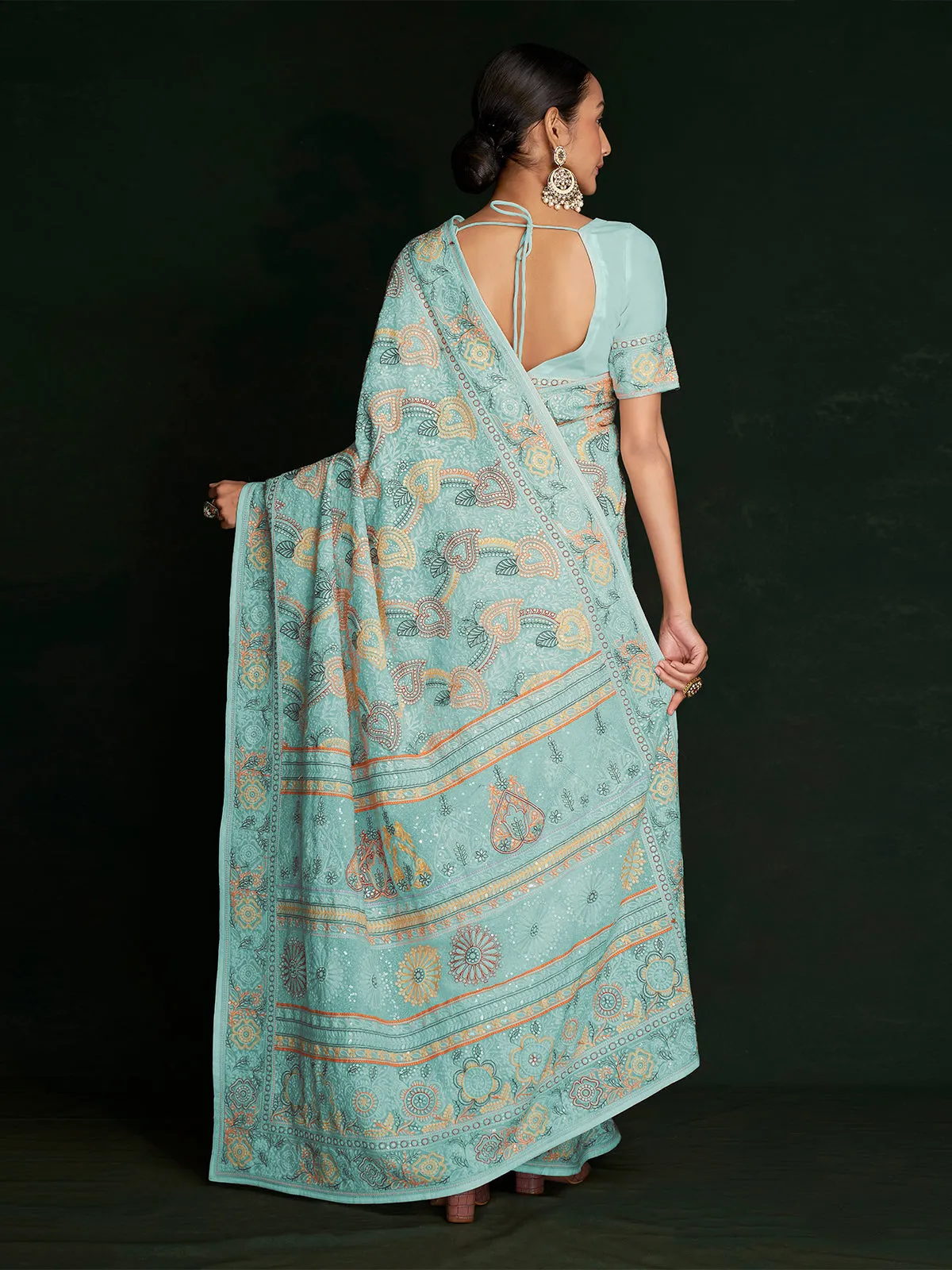 Beautiful Blue Georgette Embroidered Saree With Unstitched Blouse