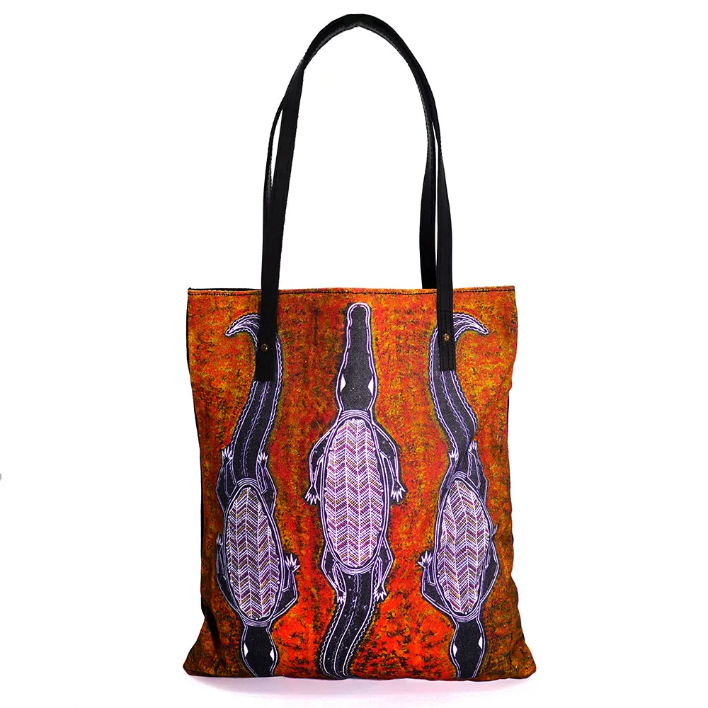 Better World Arts Shoulder Tote Featuring Yirrikapayi Crocodile By Edward Malati Yunupingu