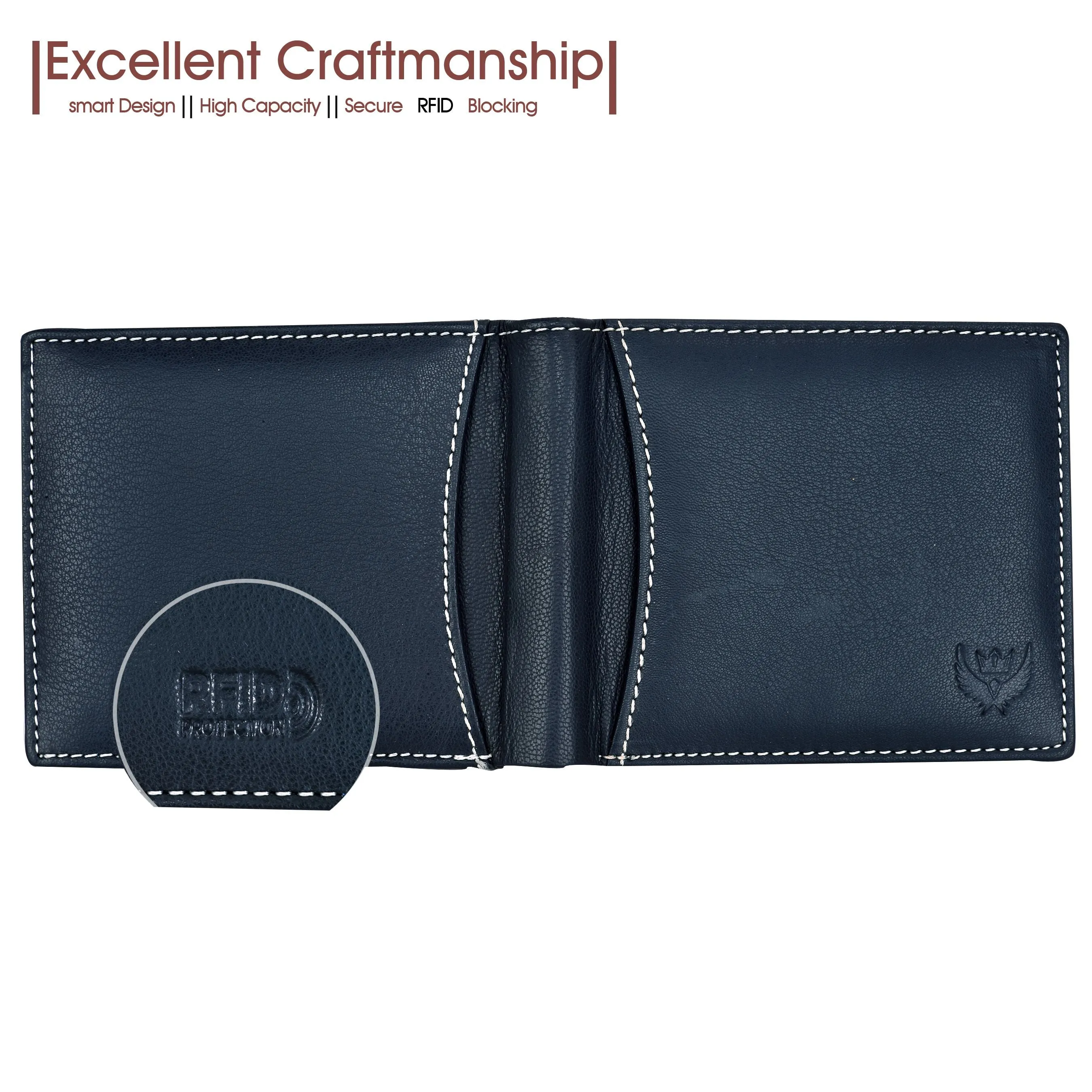 Bi-Fold Autumn Navy Blue RFID Blocking Leather Wallet for Men with Flap & Coin Pocket Feature