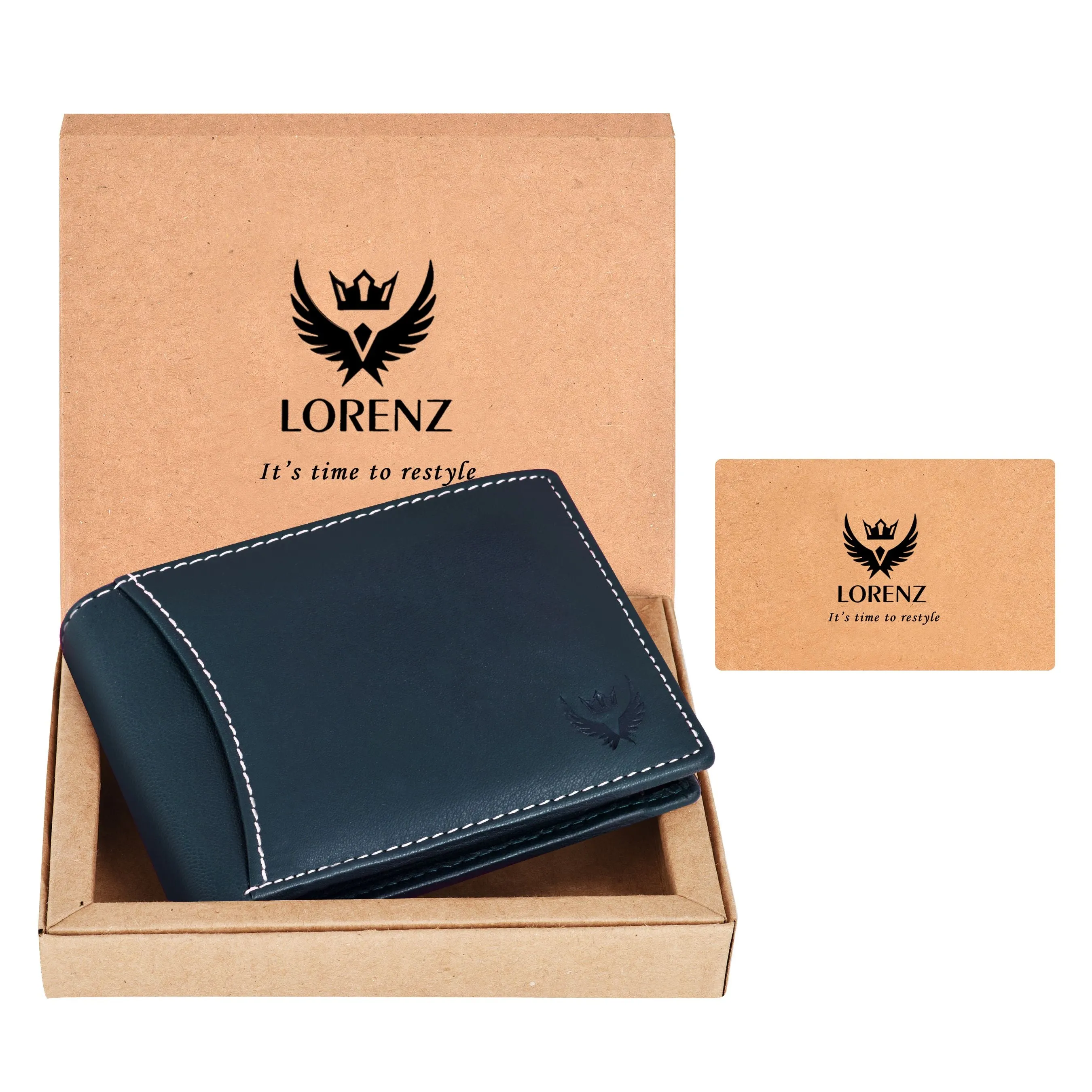 Bi-Fold Autumn Navy Blue RFID Blocking Leather Wallet for Men with Flap & Coin Pocket Feature