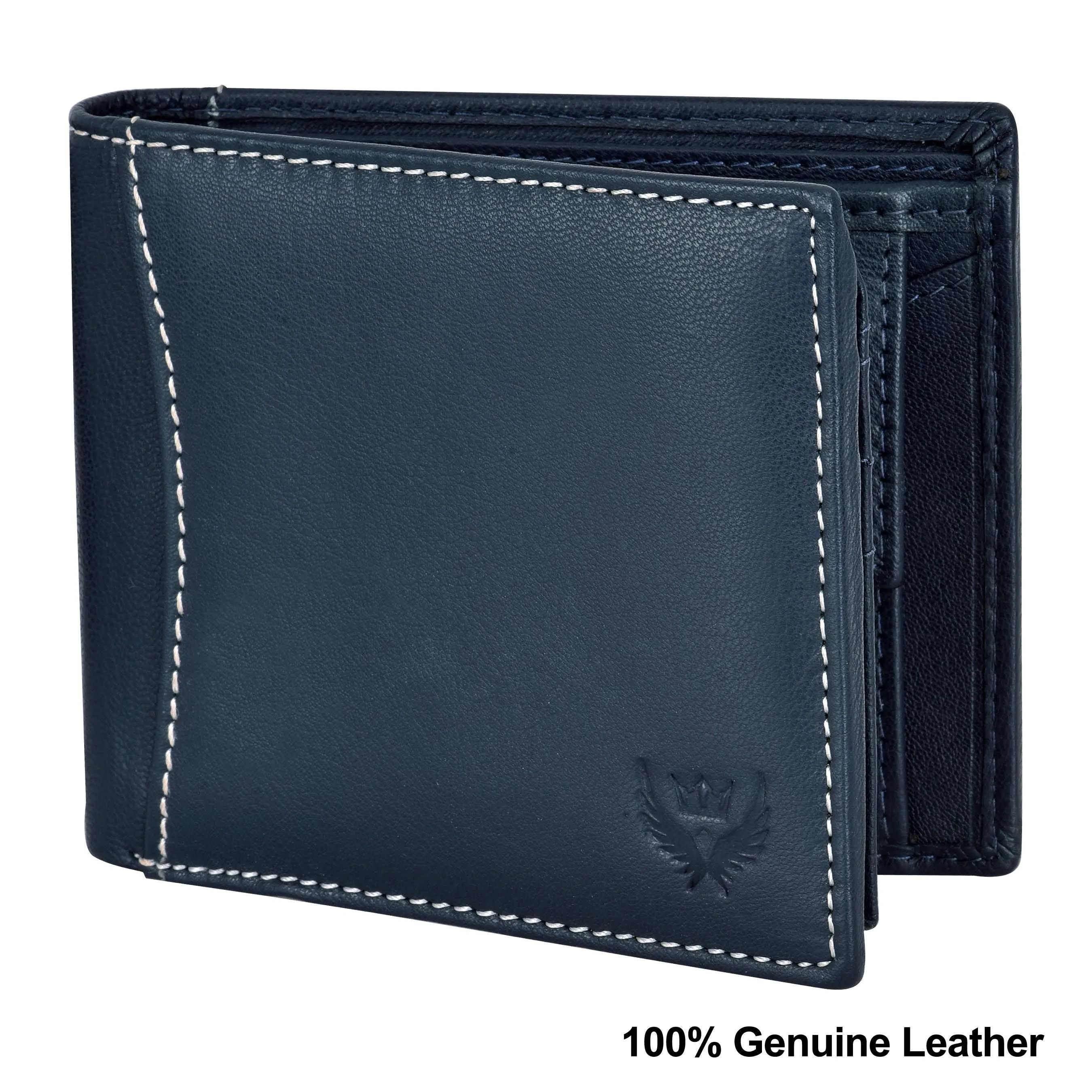 Bi-Fold Autumn Navy Blue RFID Blocking Leather Wallet for Men with Flap & Coin Pocket Feature