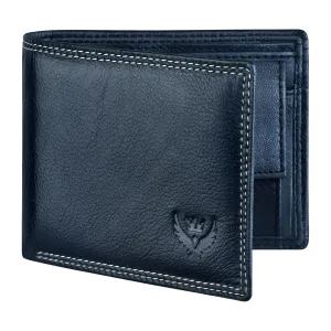 Bi-Fold Premium Blue RFID Blocking Grain Leather Wallet for Men with Double ID Card Flap, 9 Credit Card Pockets & Coin Pocket Feature