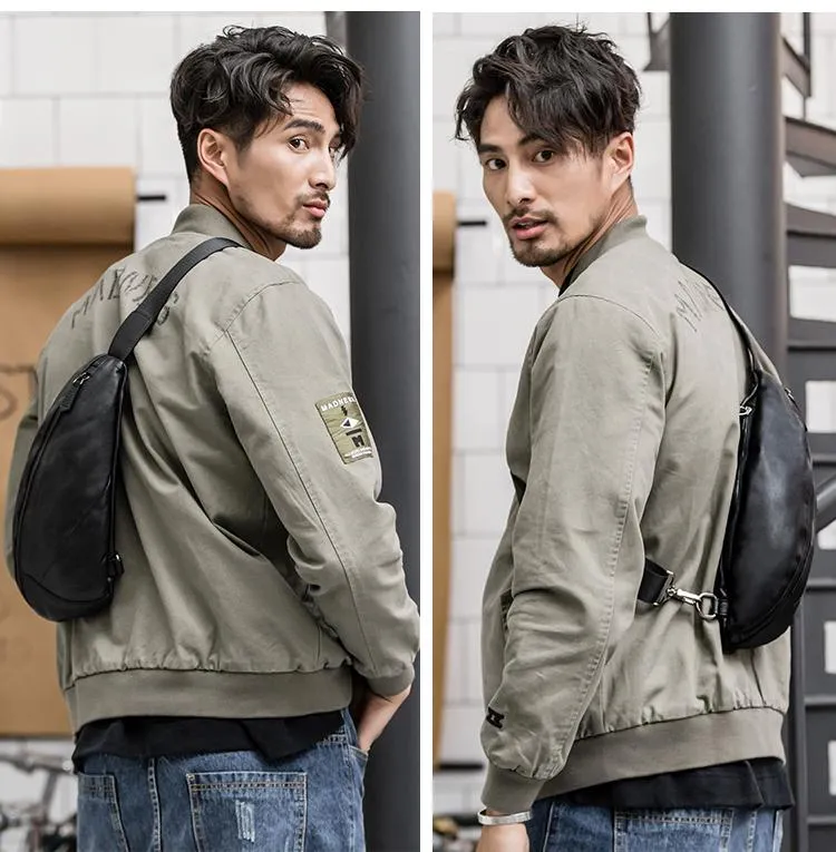 Black Cool Leather Mens Sling Bag Chest Bag Black Sling Pack One Shoulder Backpack for Men