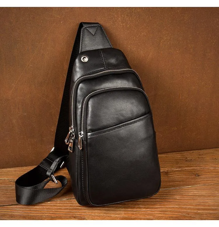 Black Leather Mens Cool Sling Bag Sling Pack Black Crossbody Packs Chest Bag for men