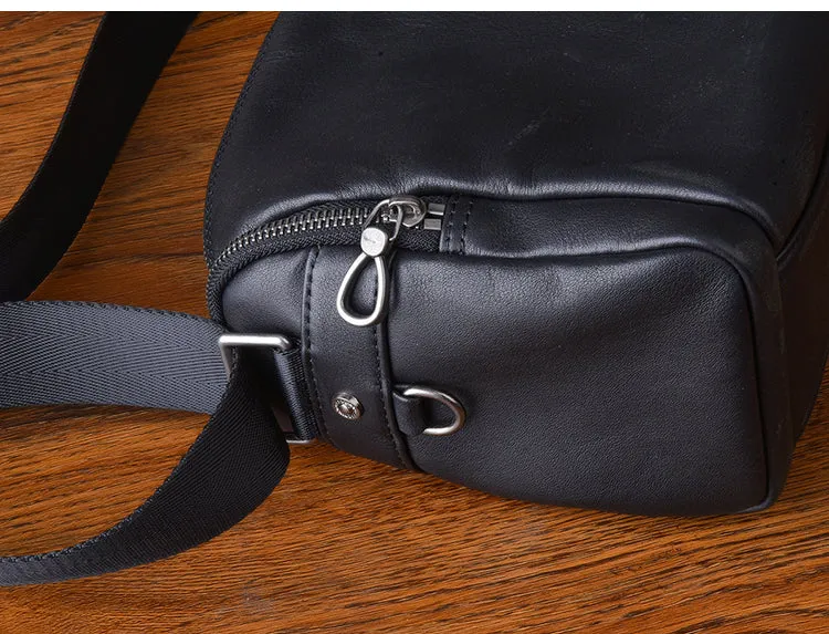 Black Leather Men's Small Barrel Side Bag Small Black Messenger Overnight Bag For Men