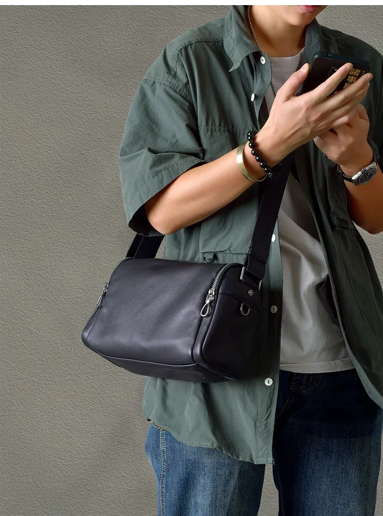 Black Leather Men's Small Barrel Side Bag Small Black Messenger Overnight Bag For Men