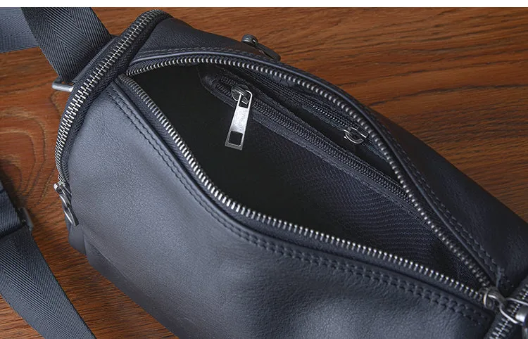 Black Leather Men's Small Barrel Side Bag Small Black Messenger Overnight Bag For Men