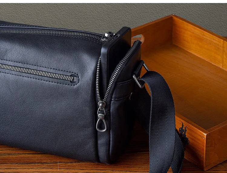 Black Leather Men's Small Barrel Side Bag Small Black Messenger Overnight Bag For Men