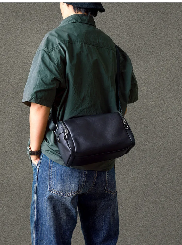 Black Leather Men's Small Barrel Side Bag Small Black Messenger Overnight Bag For Men