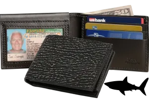 Black Suede Shark Luxury Designer Exotic Bifold Wallet With Flip Up ID Window