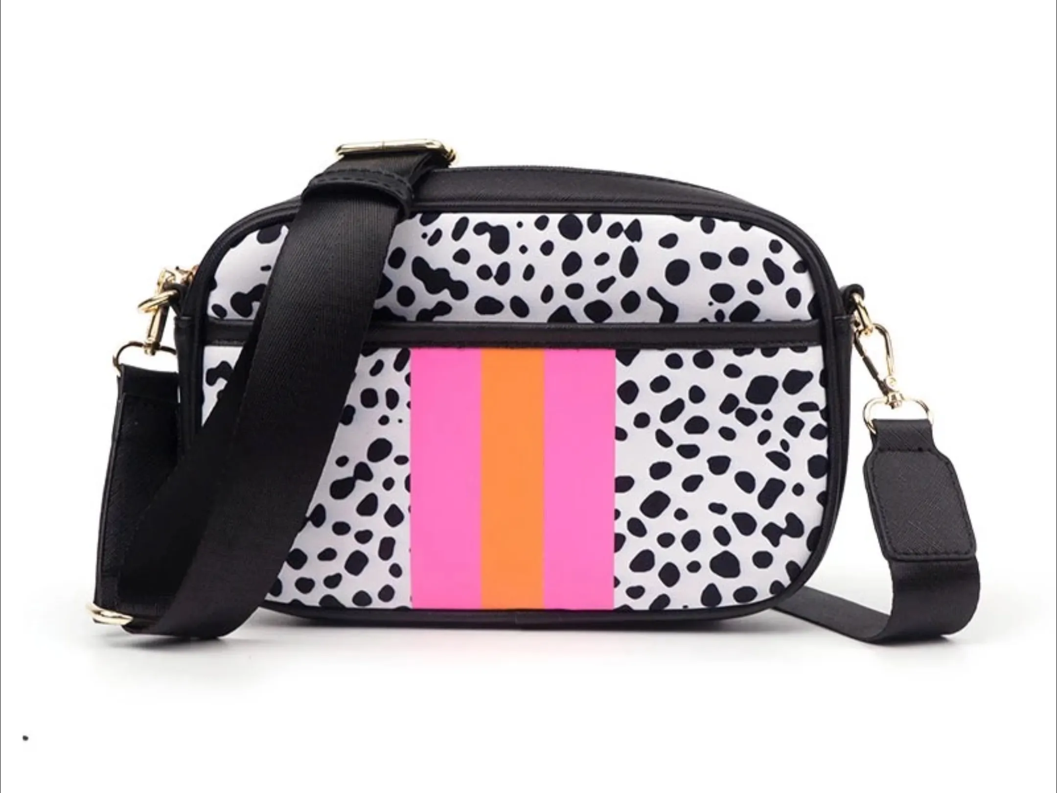 Black White with Pink & Orange Stripe Spotted Neoprene Crossbody Bag