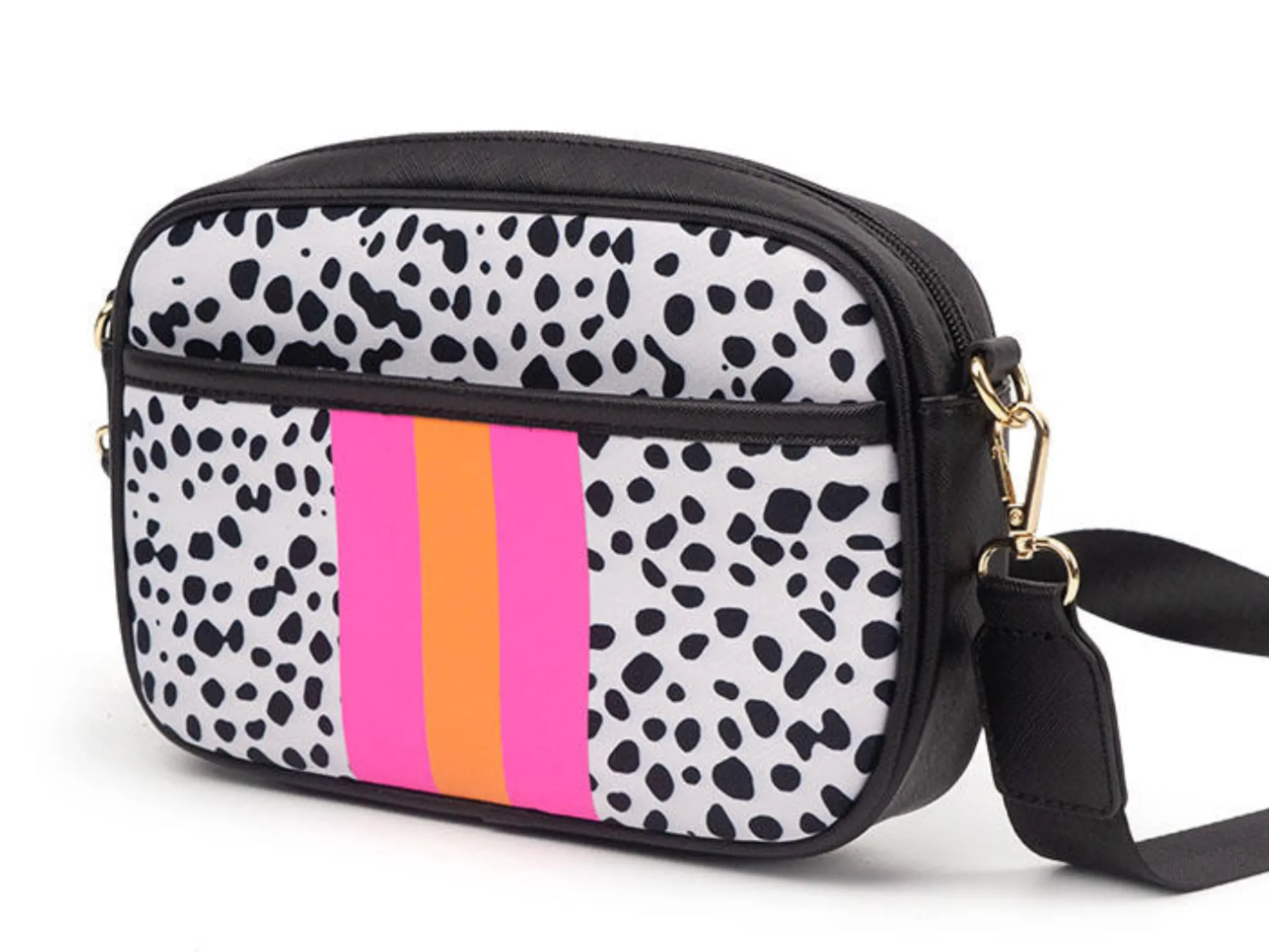 Black White with Pink & Orange Stripe Spotted Neoprene Crossbody Bag