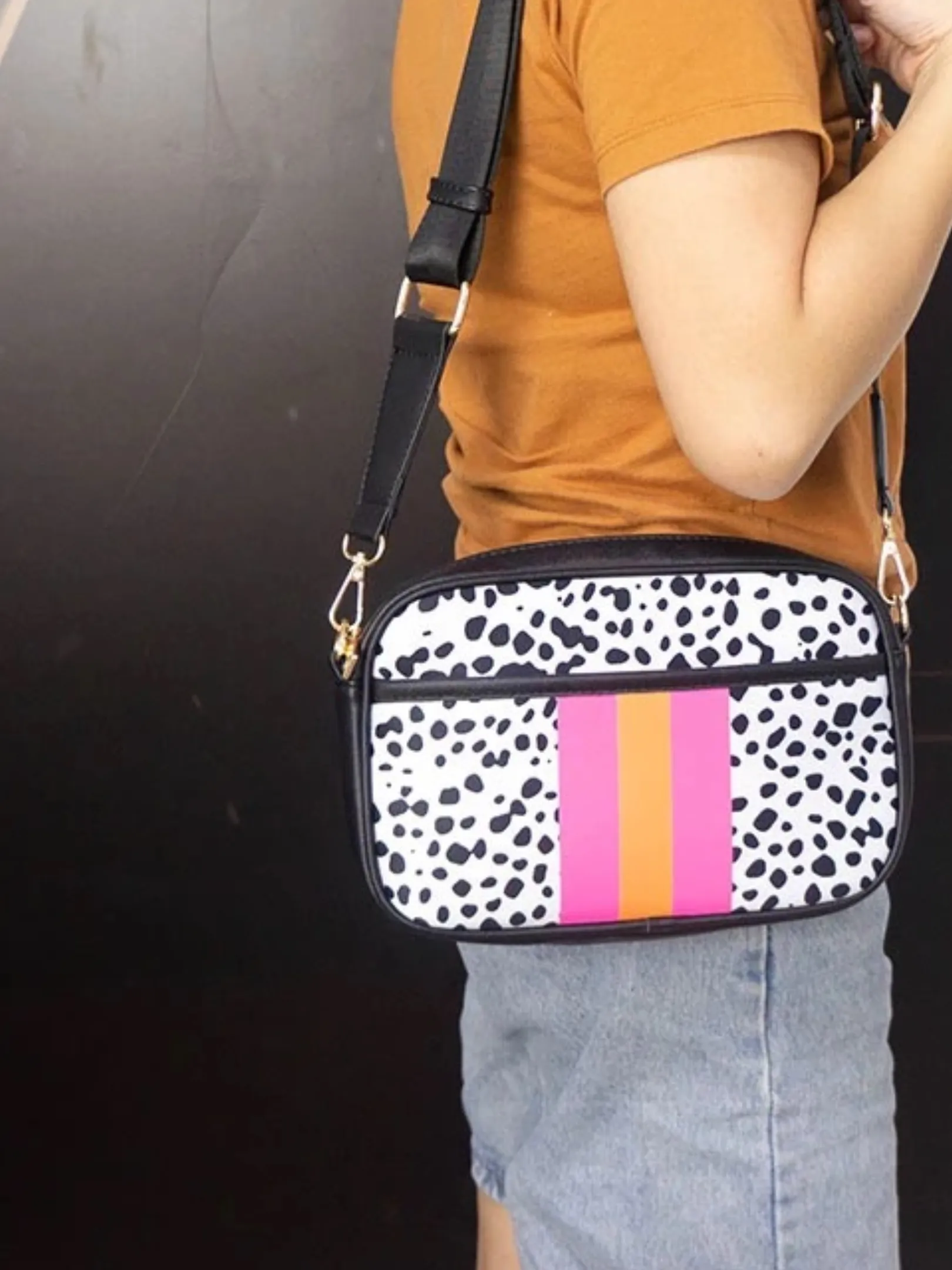 Black White with Pink & Orange Stripe Spotted Neoprene Crossbody Bag