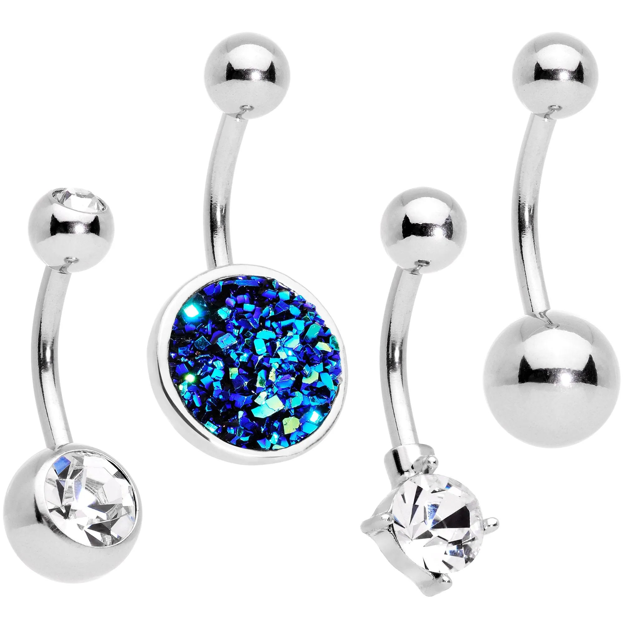 Blue Faux Druzy Clear Gem Belly Ring Set of 4