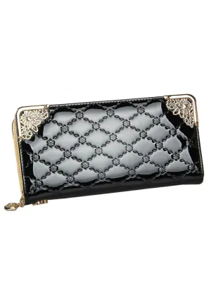 Brand Women Long Patent Leather Plaid Wallet