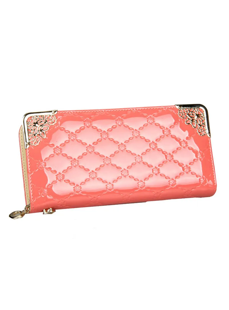 Brand Women Long Patent Leather Plaid Wallet