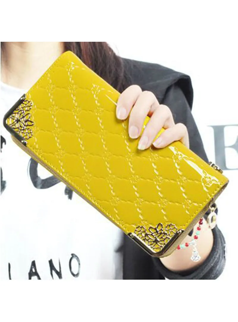 Brand Women Long Patent Leather Plaid Wallet