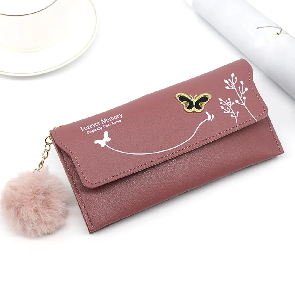 Butterfly Designer Women Long Wallets PU Leather Money Bag Solid Wool Ball Bow Clutch Bag Large Capacity Card Bag Coin Purse