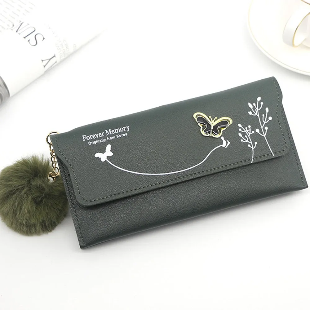 Butterfly Designer Women Long Wallets PU Leather Money Bag Solid Wool Ball Bow Clutch Bag Large Capacity Card Bag Coin Purse